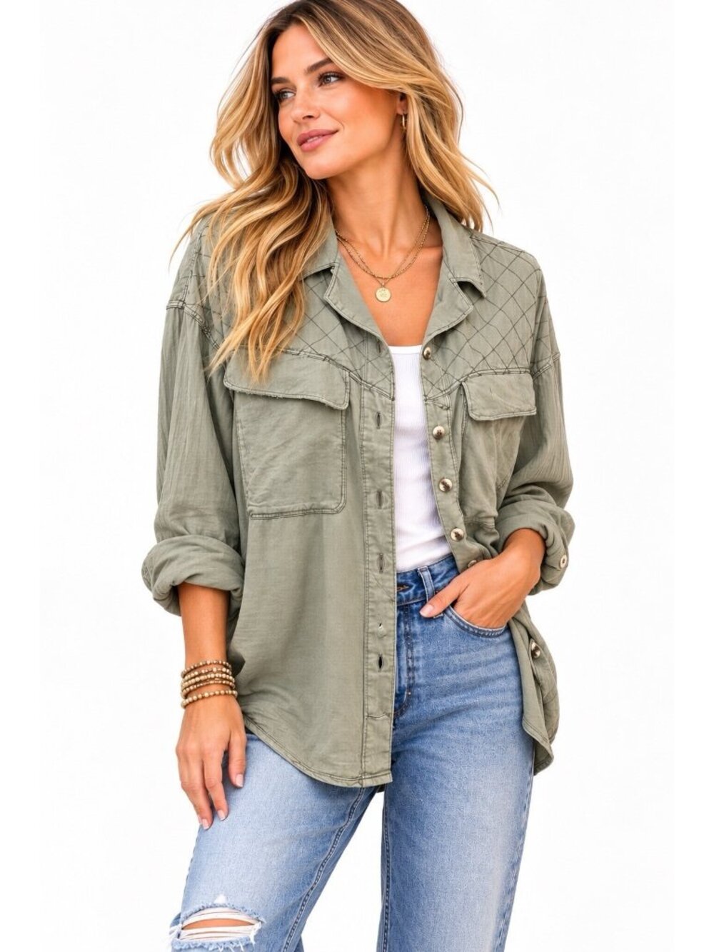 We The Free X Free People Sage Green Quilted Tunic Top Blouse SZ Small Oversized